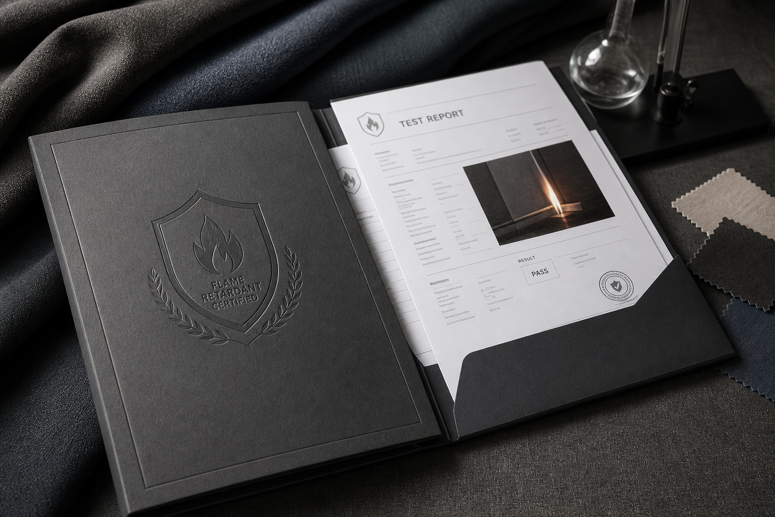 Flame-retardant fabric certification folder with embossed seal, test report pages, and a muted textile backdrop