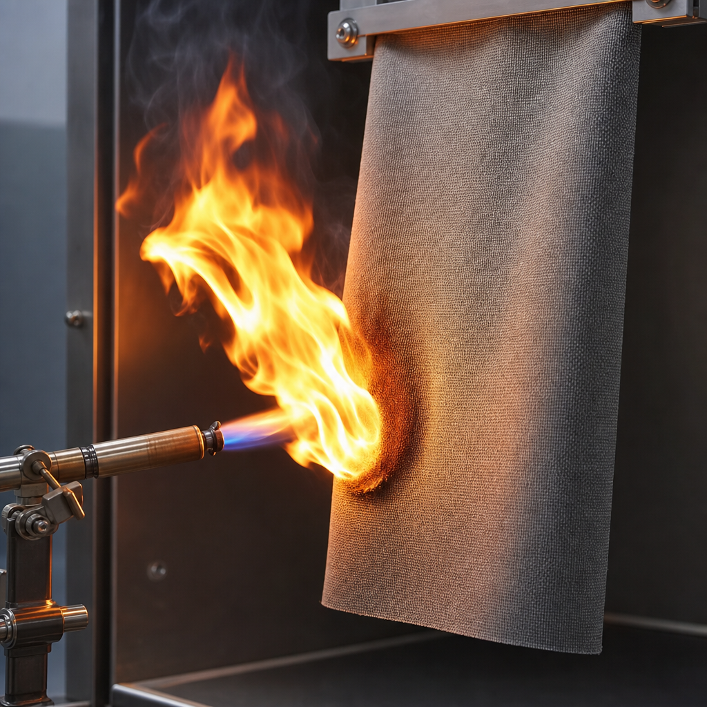 Hotel drapery panel undergoing a small controlled flame test with the fabric self-extinguishing after the flame is removed