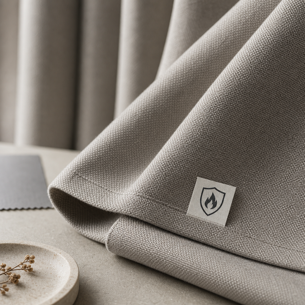Close-up of textured curtain fabric with a subtle flame safety label on a clean neutral surface