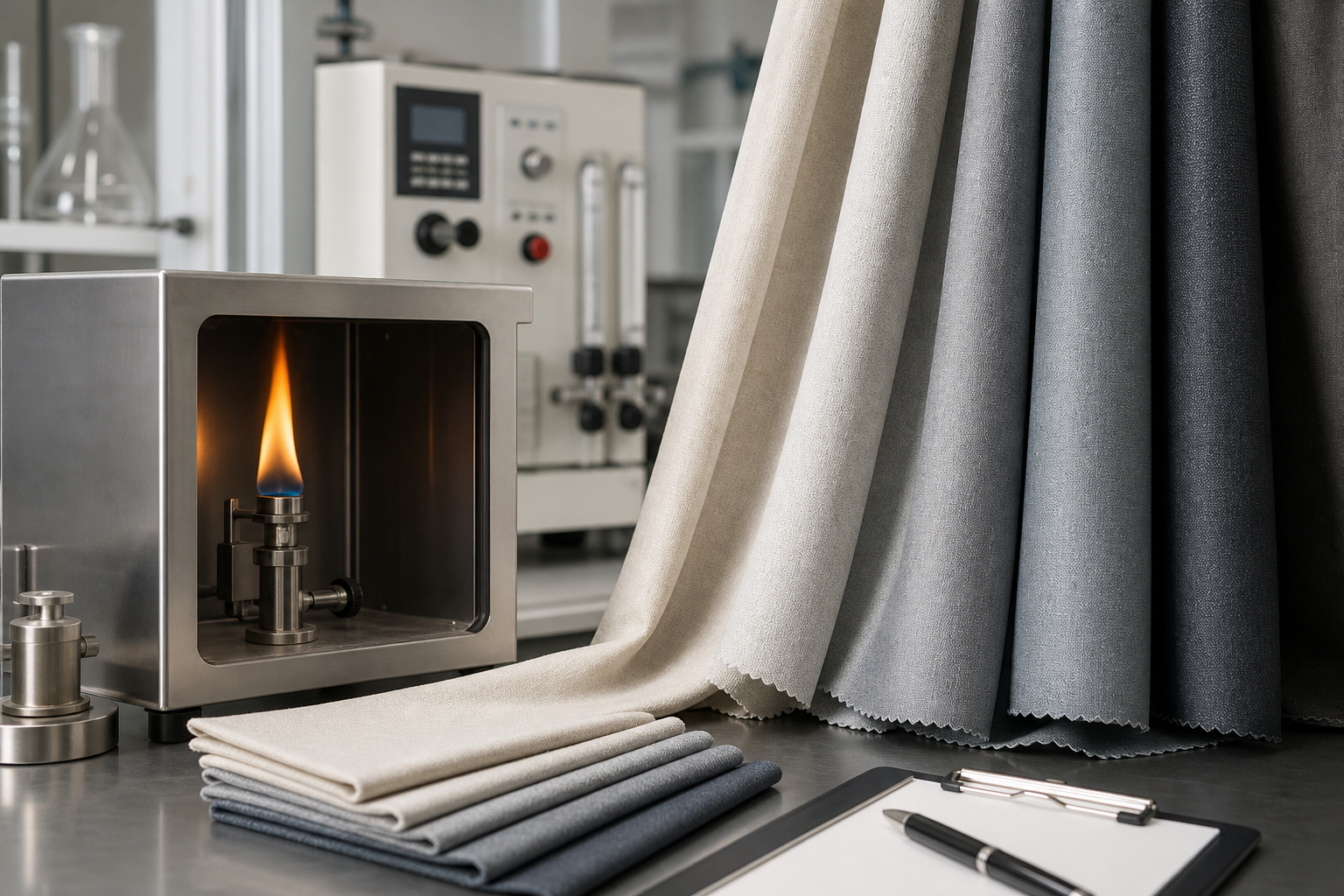 Flame-retardant fabric testing scene with lab instruments and swatches