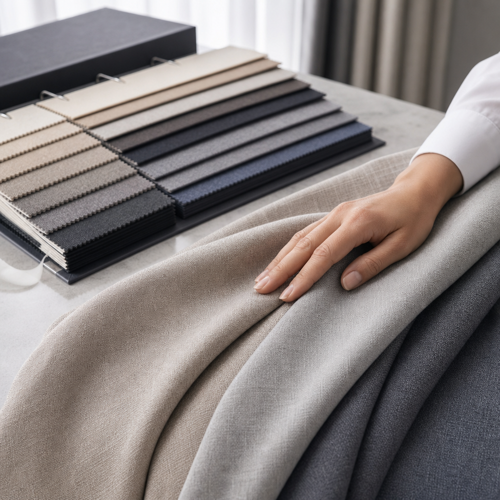 Hand gently touching layered curtain textiles beside a sample book for material comparison