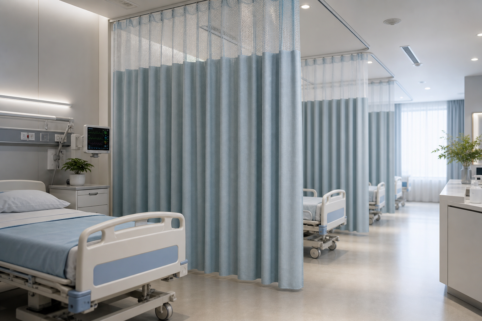 Modern healthcare ward with antibacterial privacy curtains in soft blue-gray fabric and clean clinical lighting