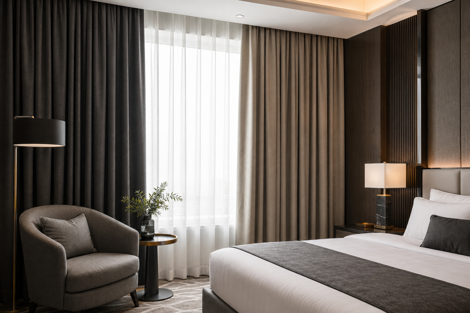 Tailored finished curtains in charcoal and sand tones displayed in a refined hotel guest room setting