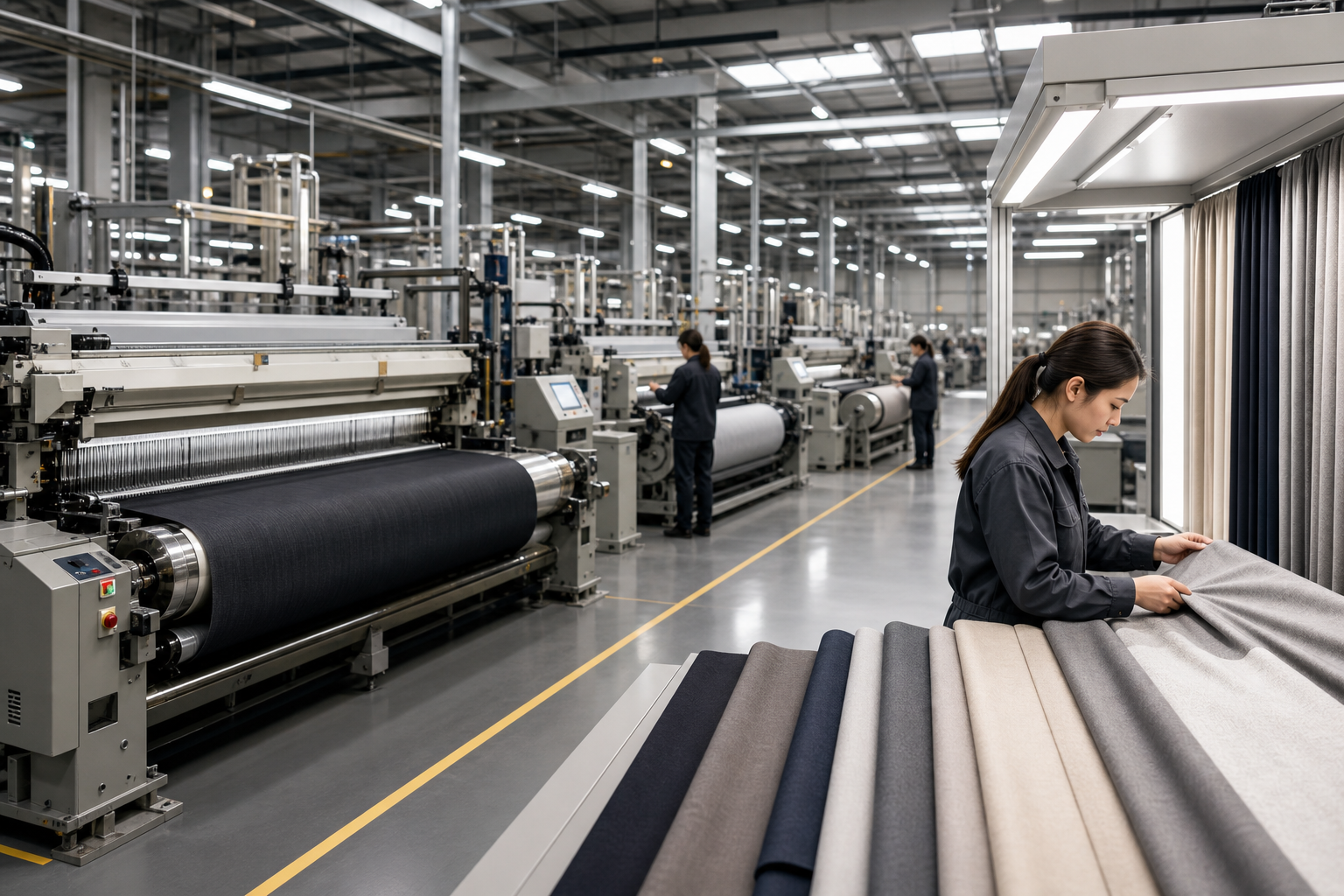 Modern textile manufacturing floor with weaving looms and quality inspection stations under clean lighting
