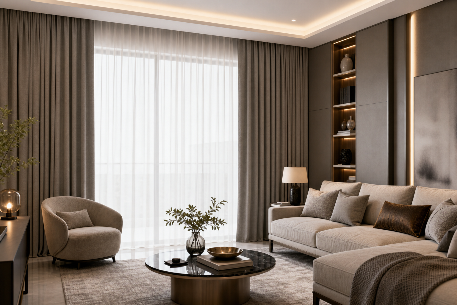 Contemporary residential living room with soft layered curtains and neutral furnishings.