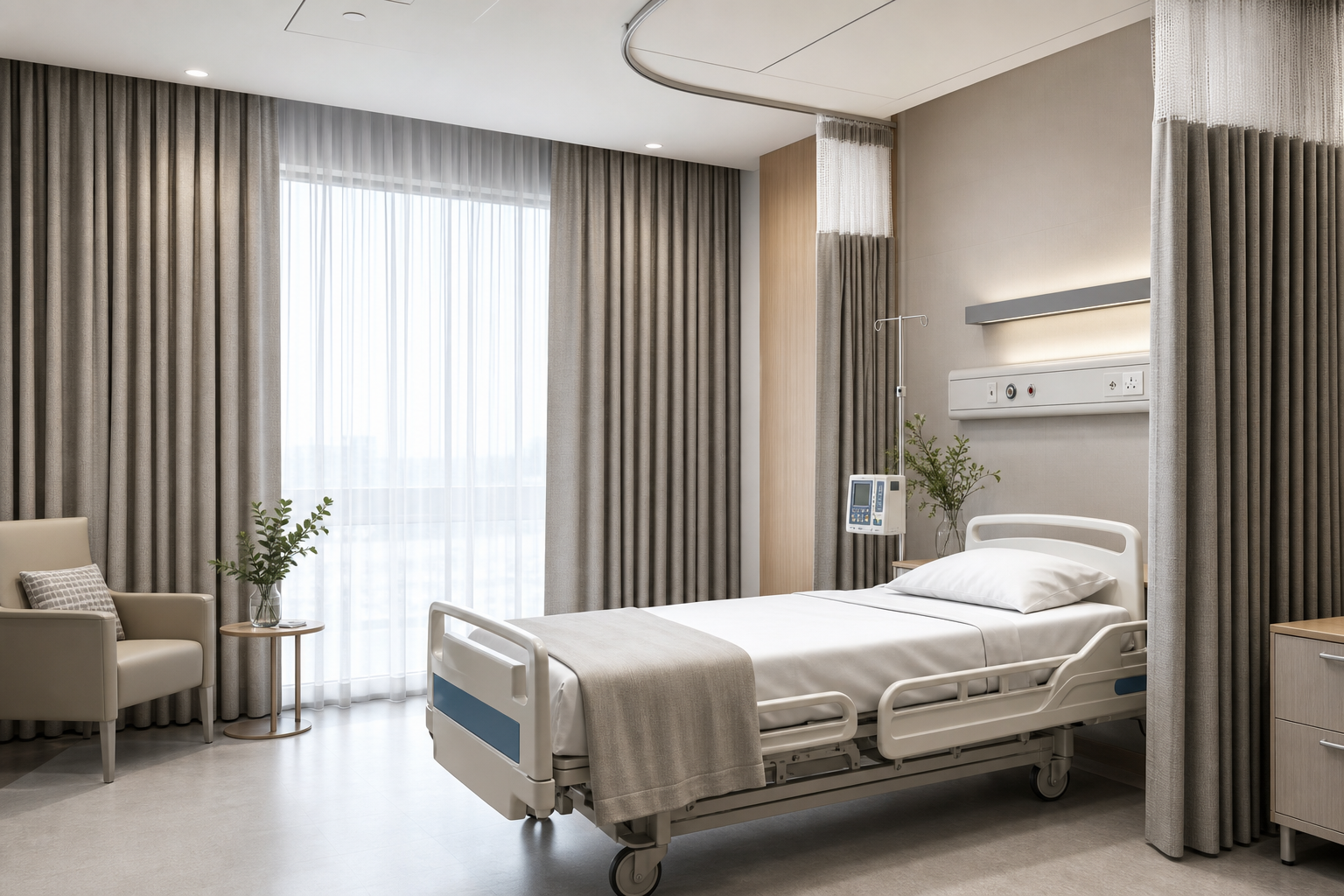 Modern hospital patient room with privacy curtains, clean finishes, and soft daylight.