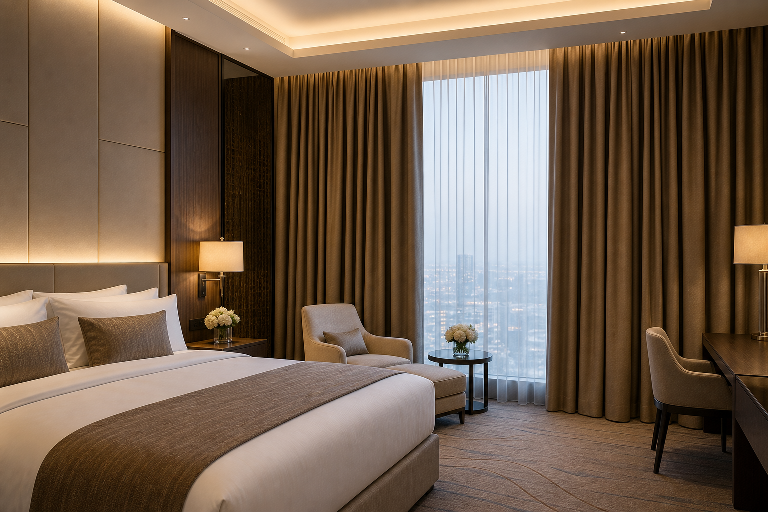 Luxury hotel suite with floor-to-ceiling blackout curtains in warm neutral tones, refined lighting, and premium textiles