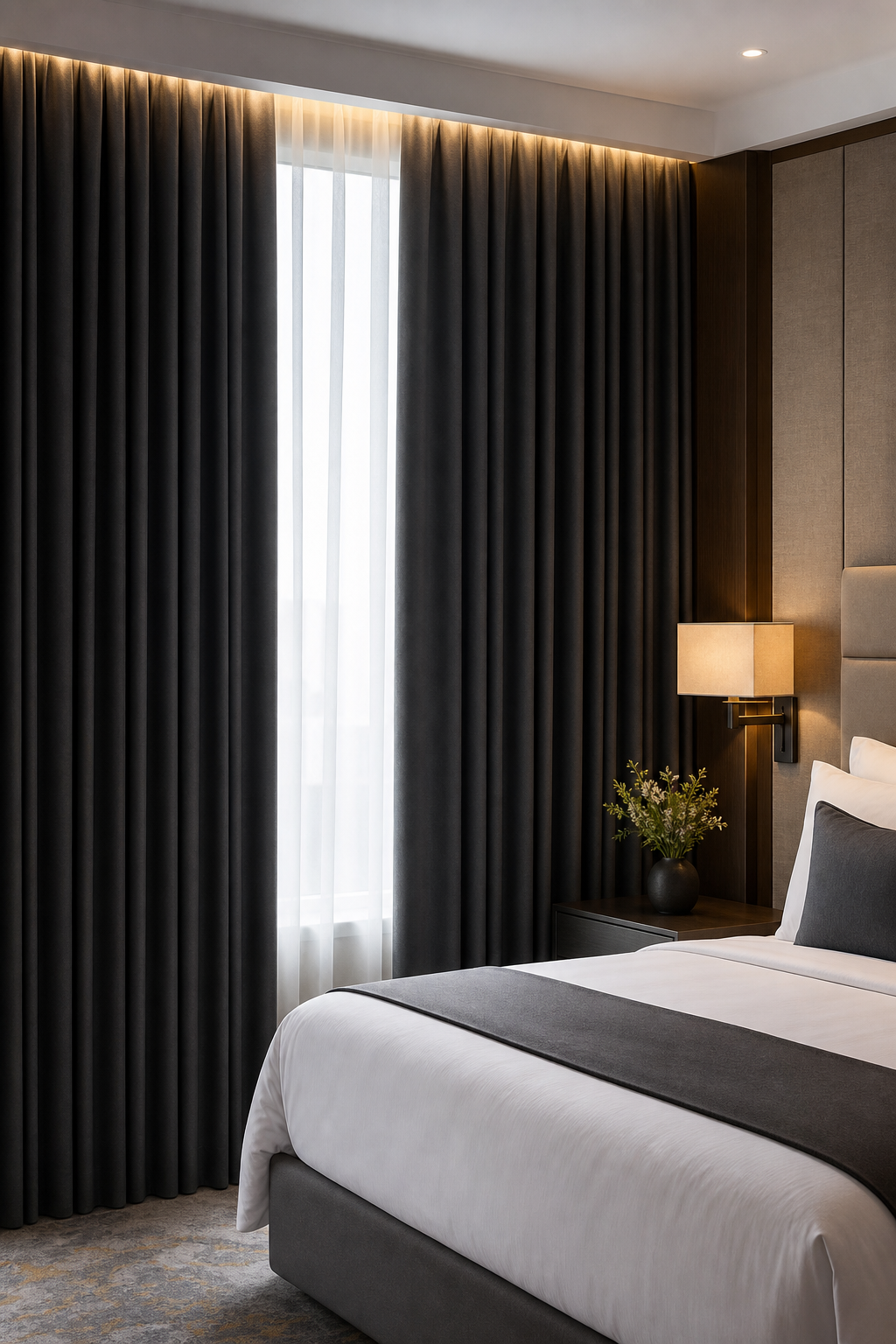 Hotel blackout curtains with deep charcoal fabric and tailored pleats