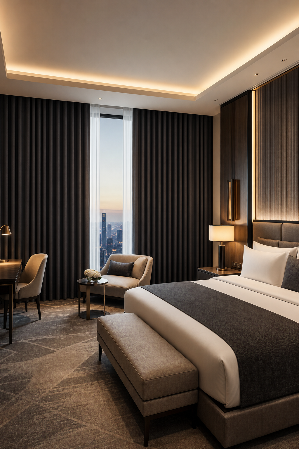 Luxury hotel suite with floor-to-ceiling blackout curtains and warm ambient lighting.