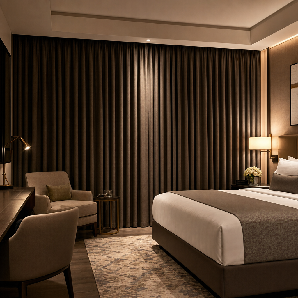Hotel suite with premium blackout curtains and soft lighting highlighting fabric texture