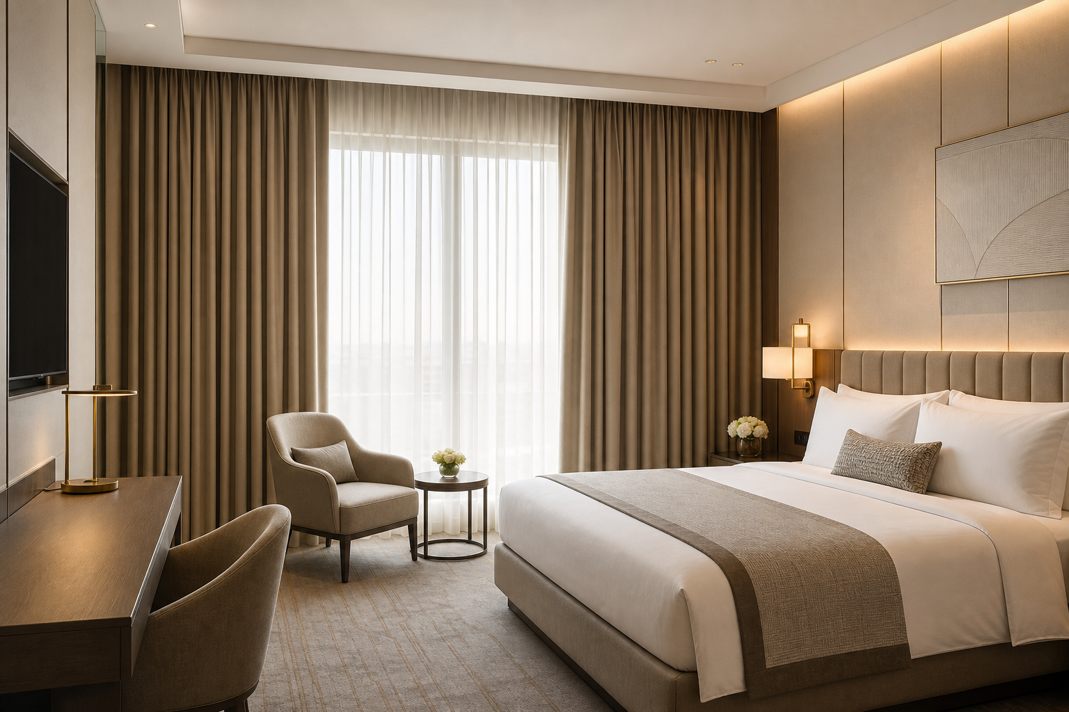 Premium hotel guestroom with floor-to-ceiling curtains in warm neutral tones, layered sheers, and sleek black-out panels