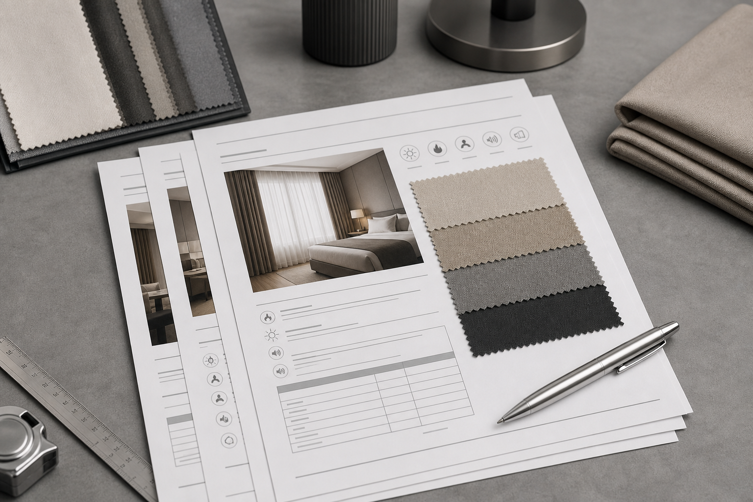 Neatly arranged hotel curtain specification sheets with fabric swatches and a metallic pen on a sleek tabletop