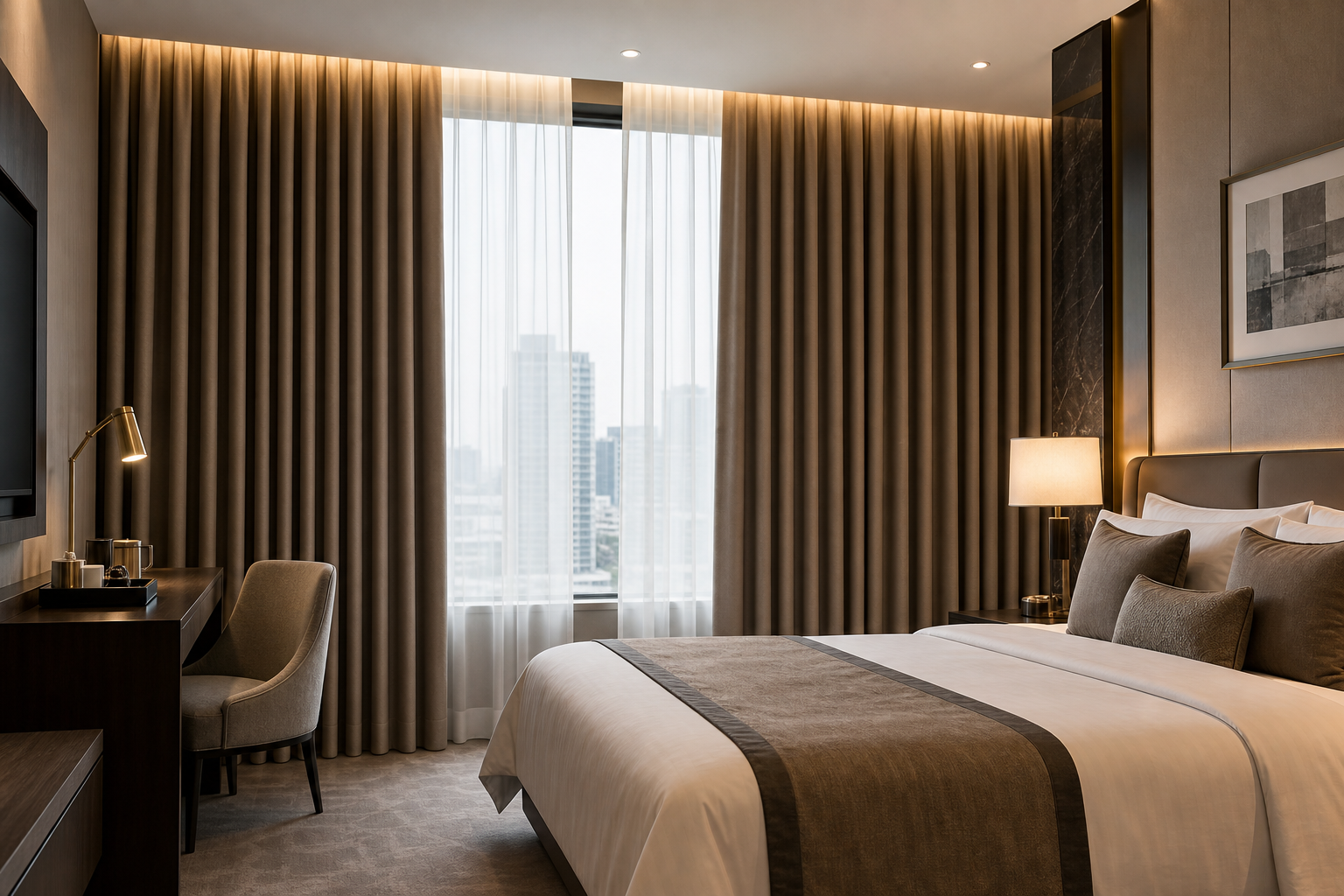 Luxurious hotel suite with floor-to-ceiling blackout curtains and soft ambient lighting