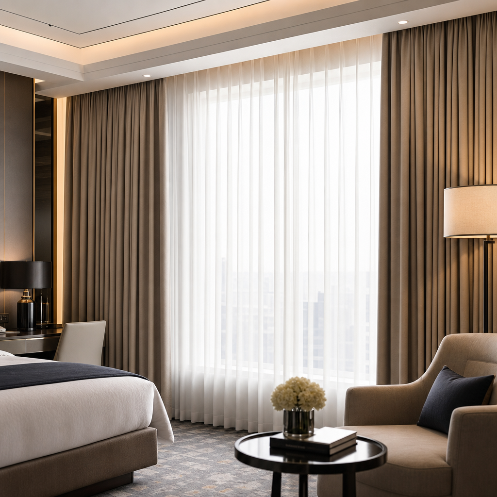 Upscale hotel suite with layered curtains and soft daylight