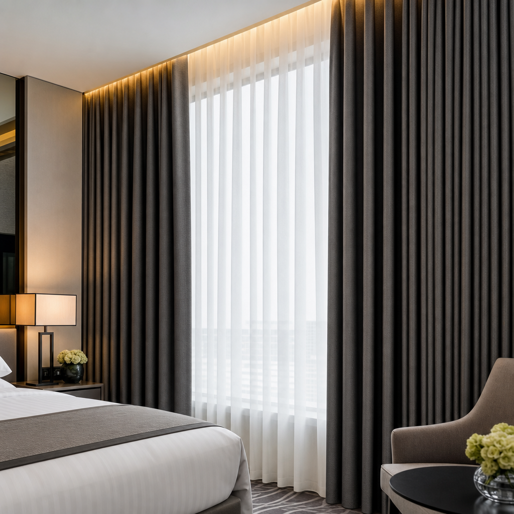 Modern hotel suite window with layered curtain system