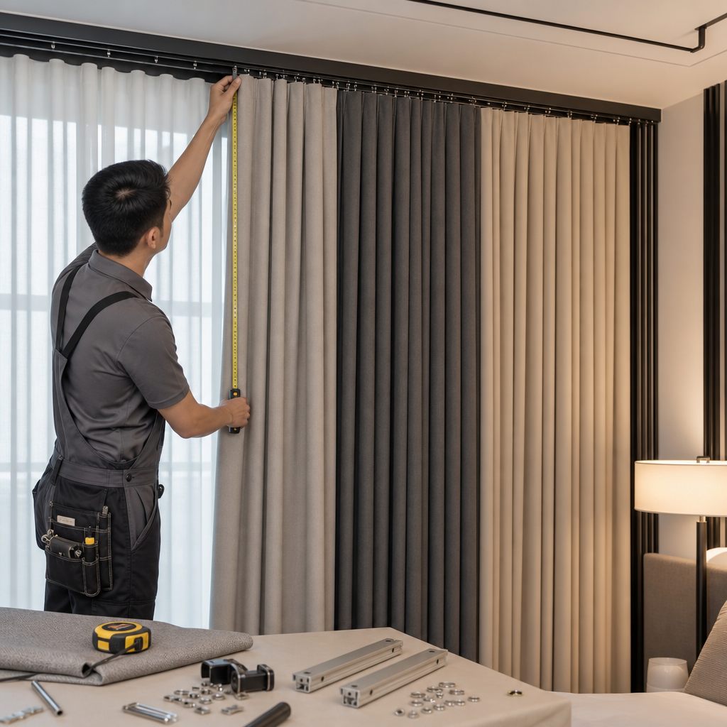 Hotel curtain installation scene with measuring tools and layered drapery panels