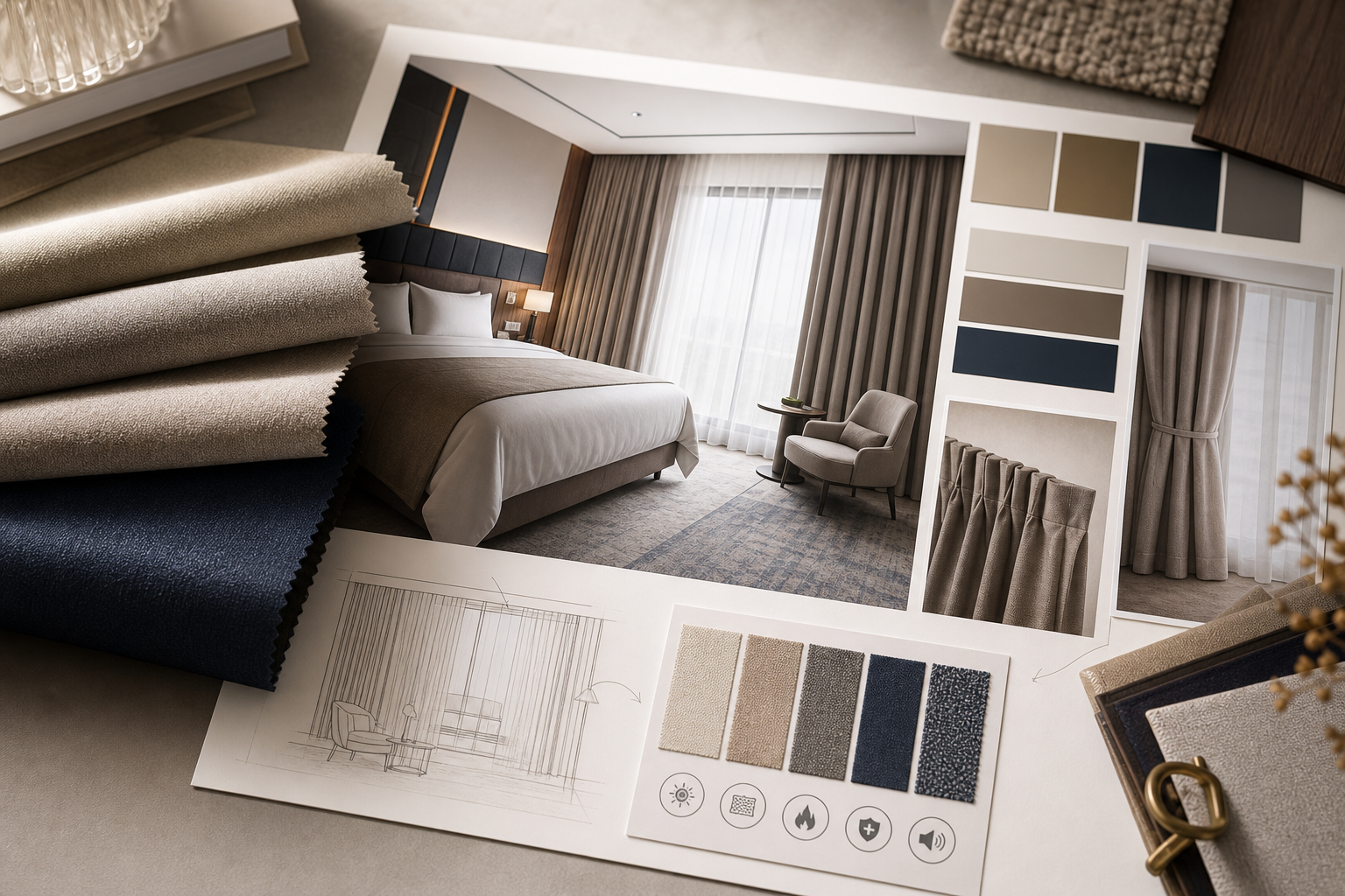 Hotel room mockup board with curtain swatches, renderings, and styling notes