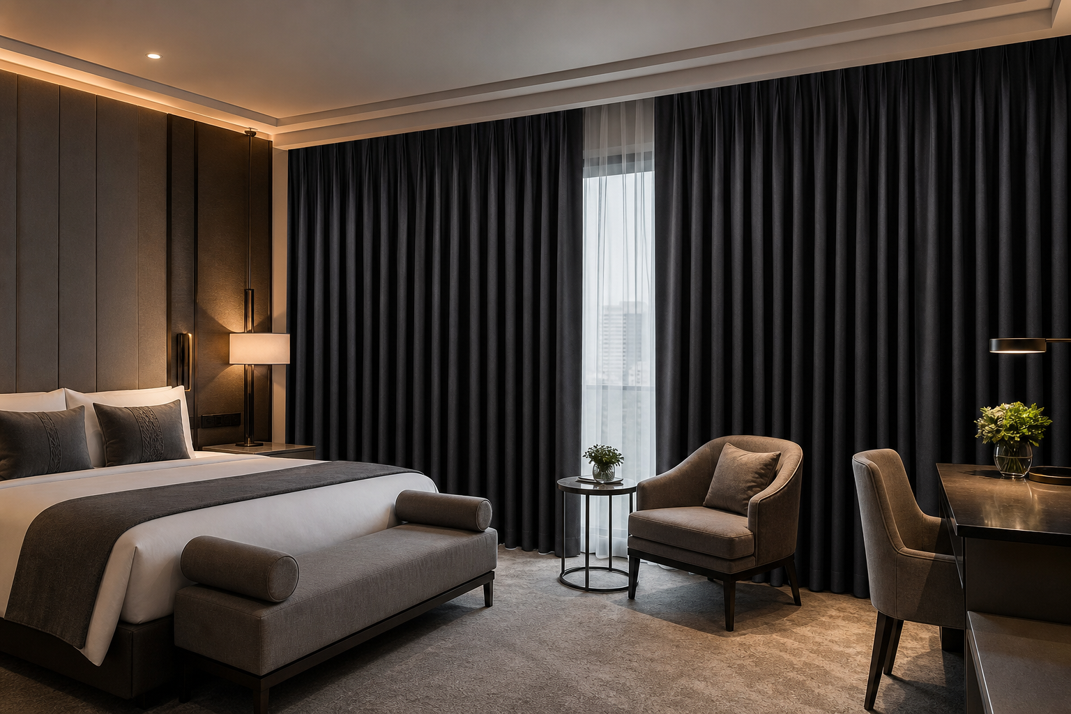 Luxurious hotel suite with floor-to-ceiling blackout curtains in deep charcoal, soft ambient lighting