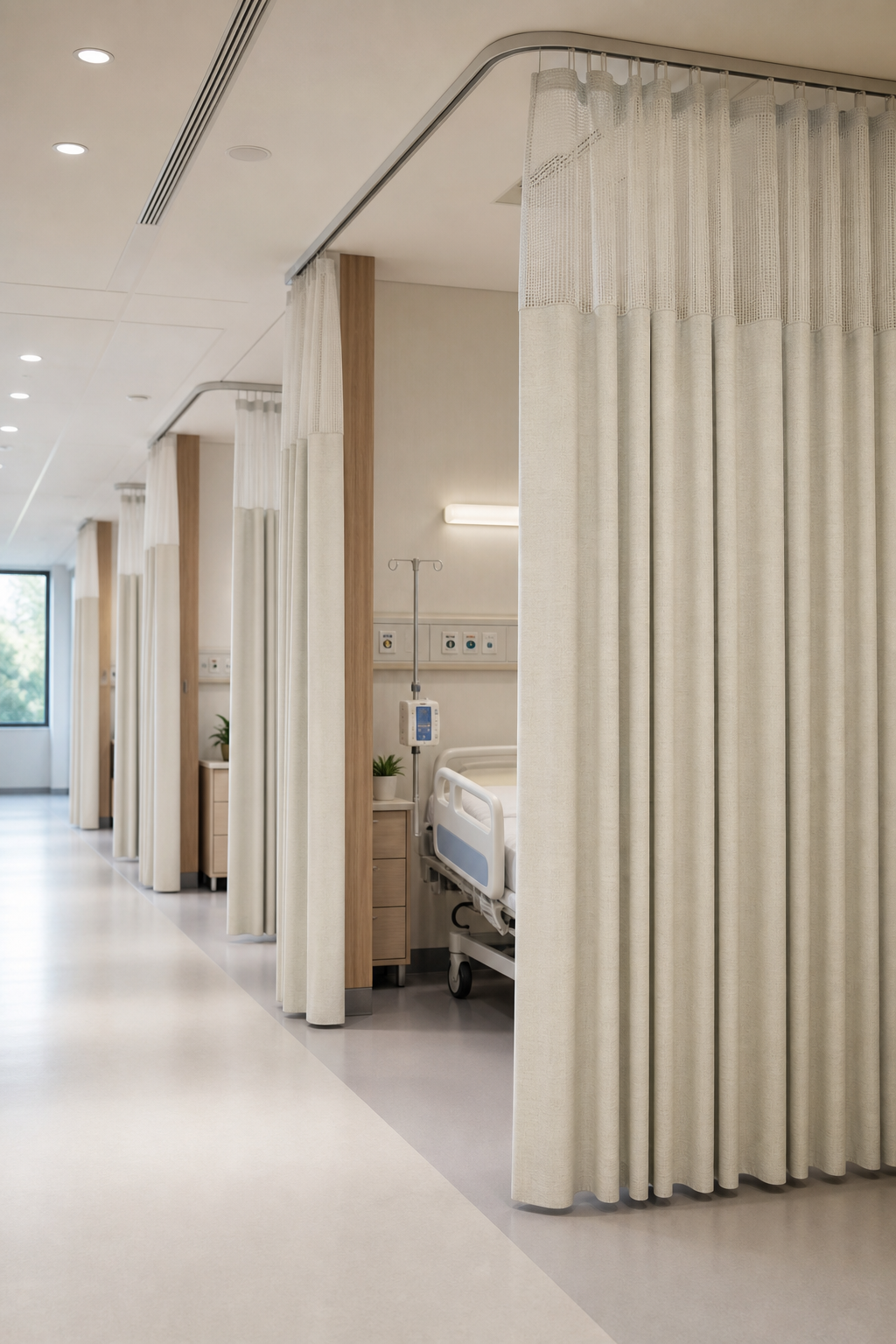 Healthcare institution corridor with privacy curtains and neutral architectural finishes.