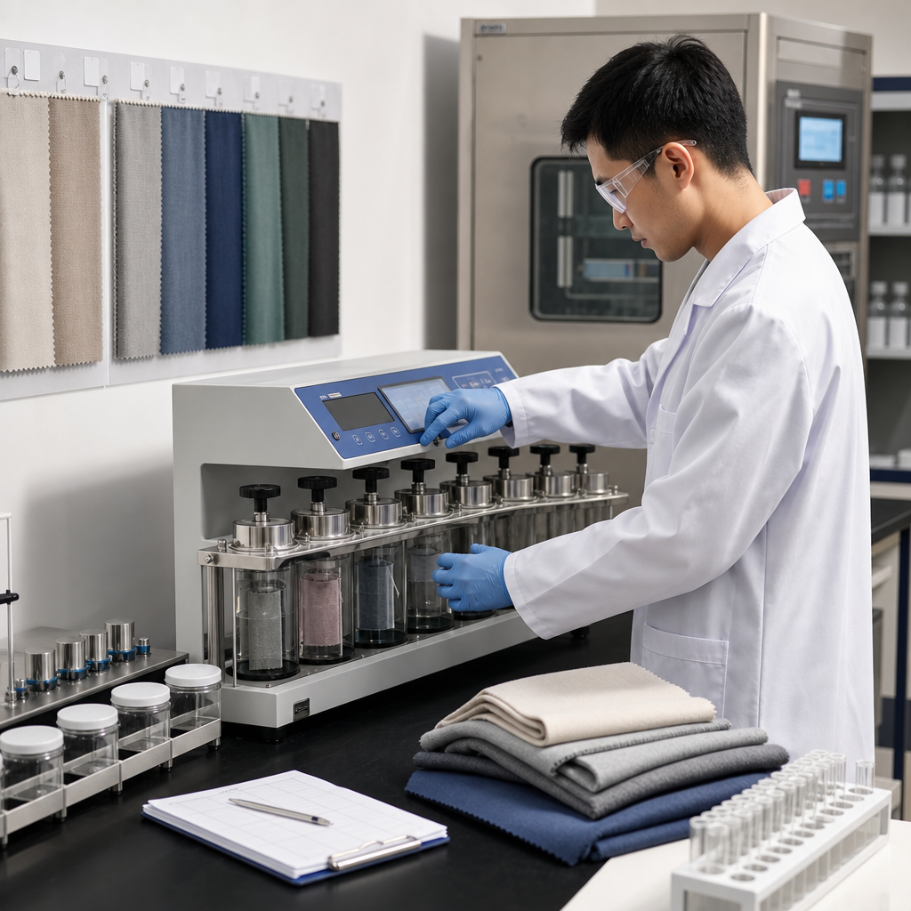 Technician using lab instruments to test curtain fabric colorfastness