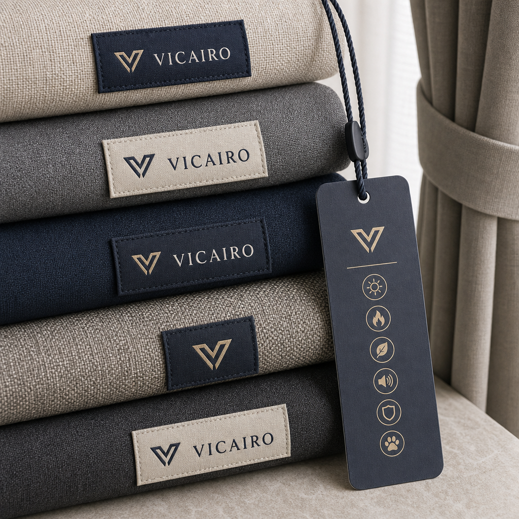 Close-up of woven brand labels and tags attached to a curtain fabric