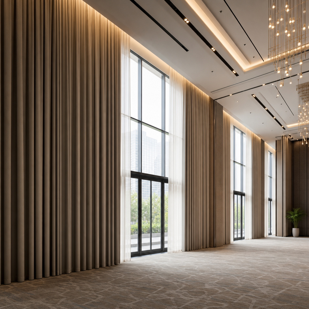 Grand convention center hall with tall glass walls, layered performance curtains, and a wide event floor.