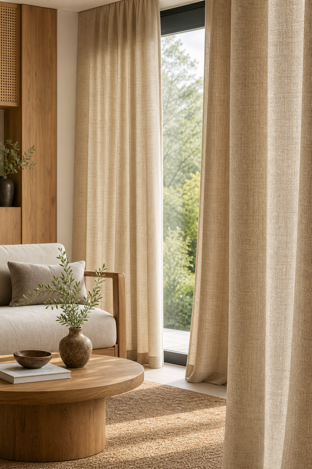 Linen-look curtains in warm sand tones with relaxed drape