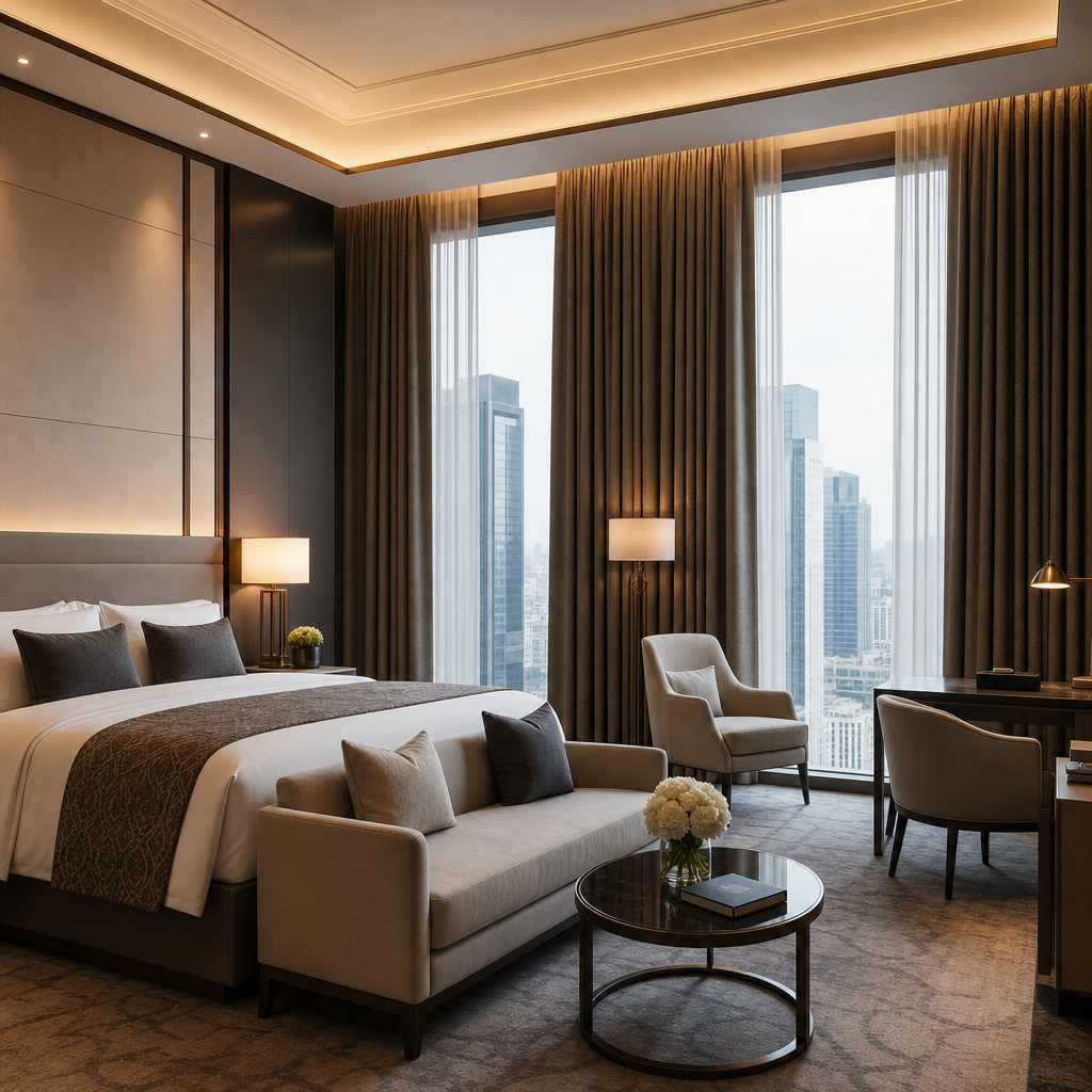 Luxury suite with expansive windows, rich textured drapes, and refined neutral furnishings