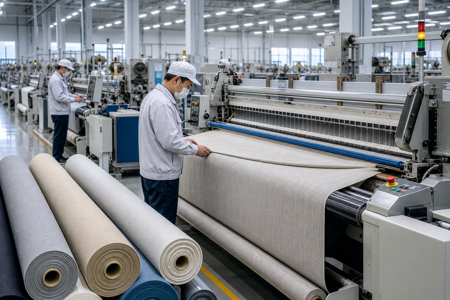 Bright modern textile manufacturing floor with automated looms, fabric rolls, and technicians inspecting curtain fabric quality