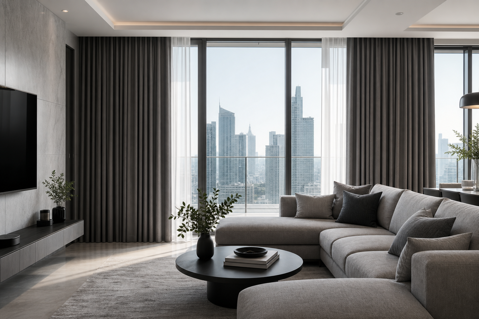 Modern high-rise apartment living room with soft daylight, minimalist furniture, and layered privacy curtains in cool gray fabric