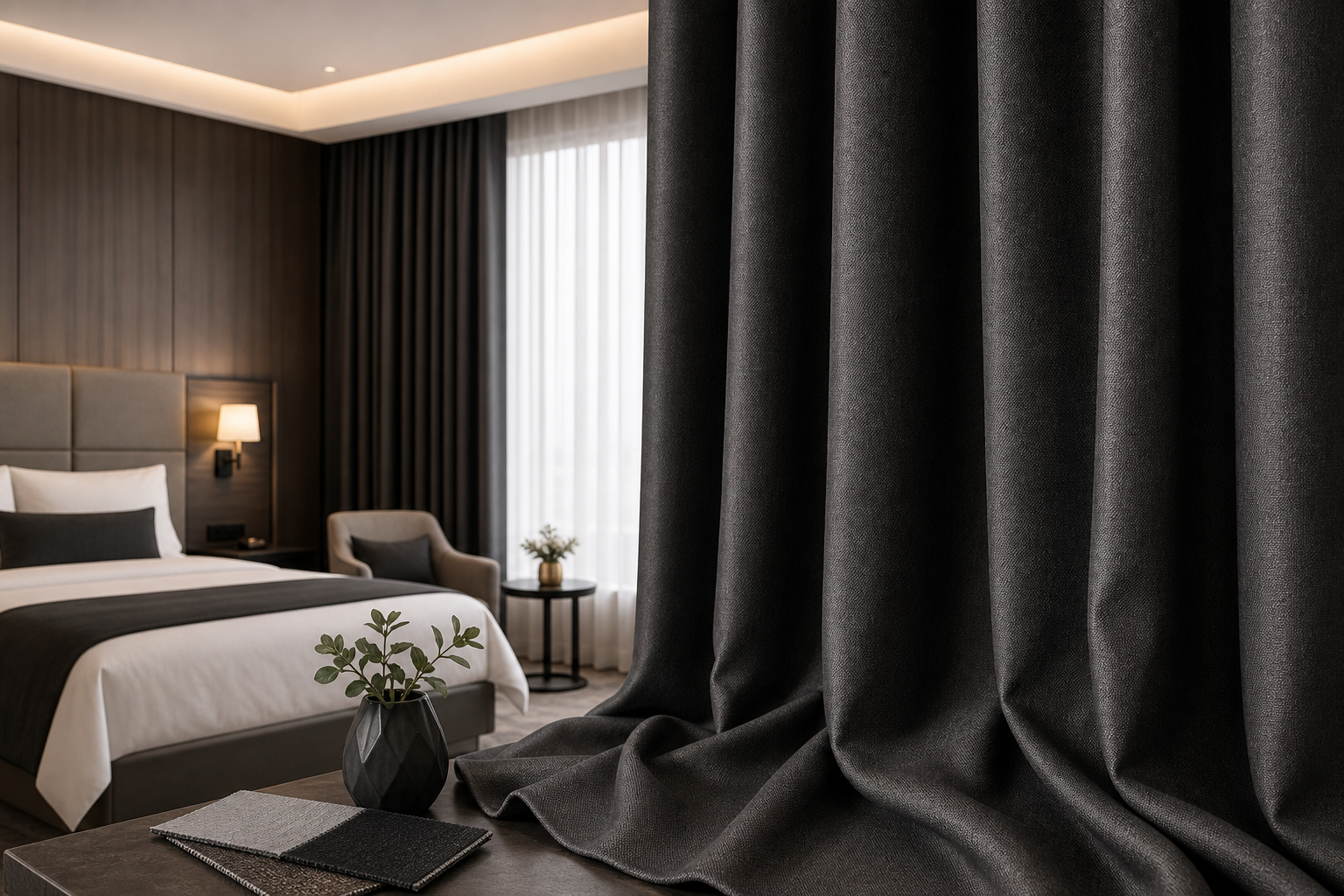 Luxury charcoal blackout curtain fabric draped in soft folds with a subtle matte texture, styled in a premium hotel room setting
