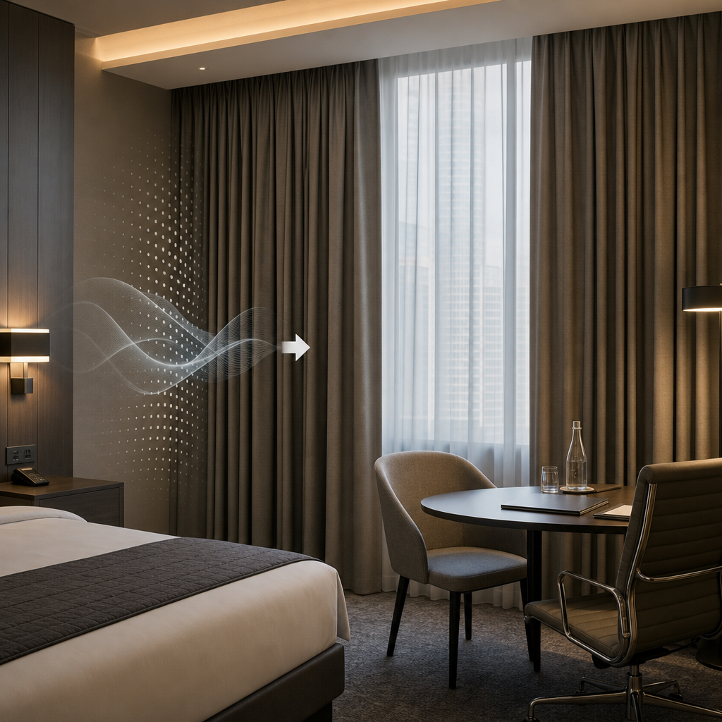 Modern hotel room scene with thick acoustic curtain fabric dampening sound, showing quiet comfort