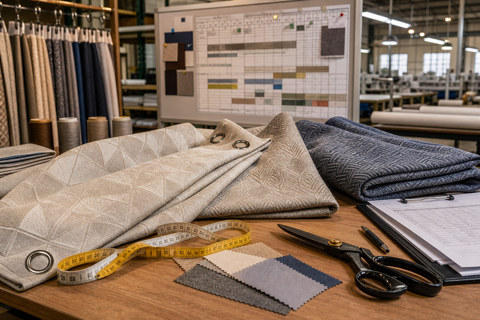 Factory worktable with patterned curtain panels, measuring tools, and a production schedule board in the background