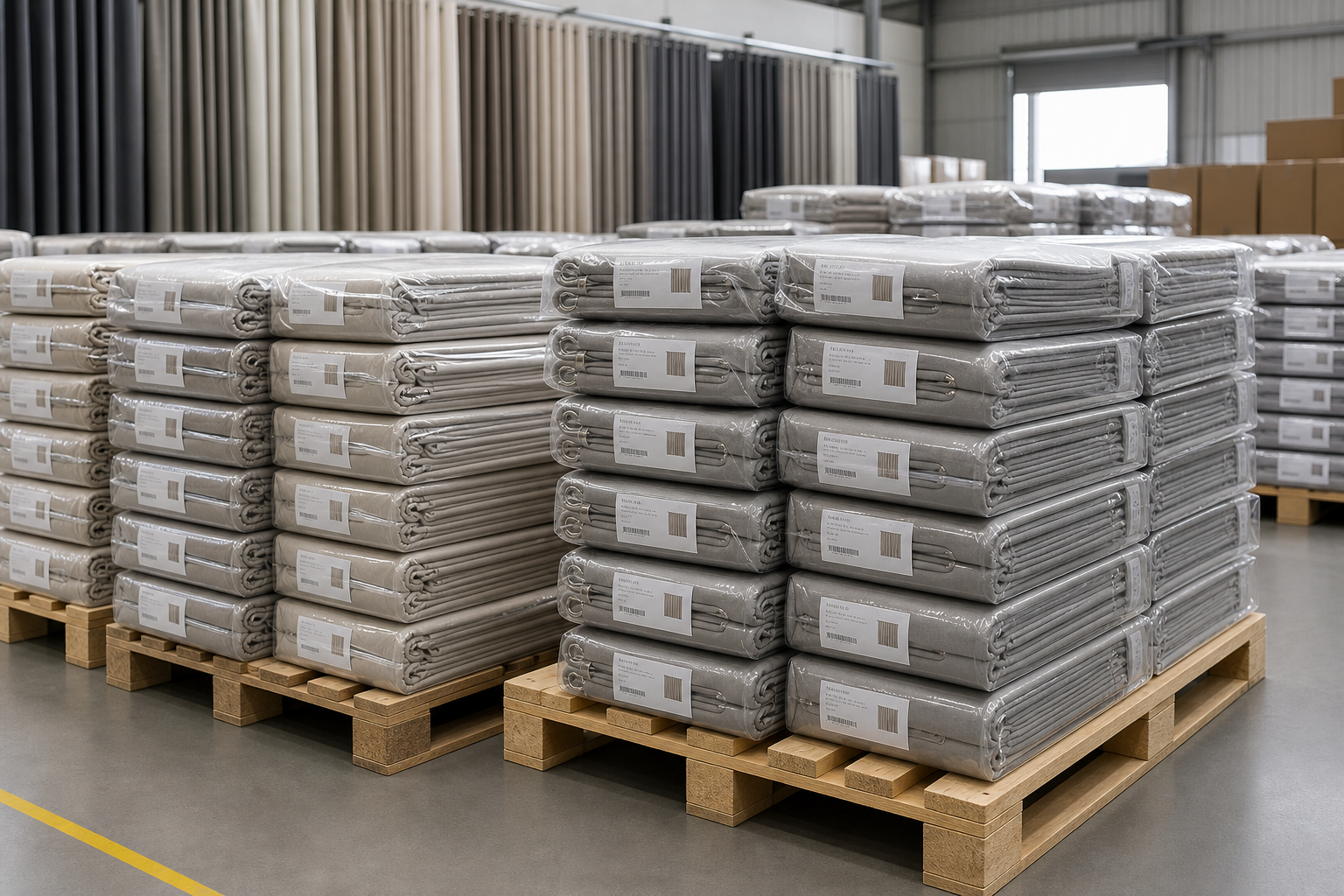 Finished curtain systems folded and packed with protective wrapping