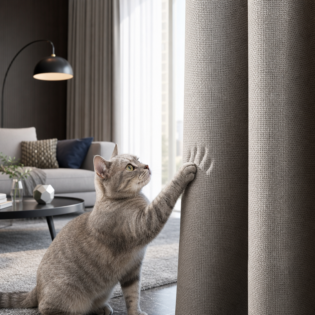 Stylish living room with a cat near durable curtains, highlighting a scratch-resistant weave