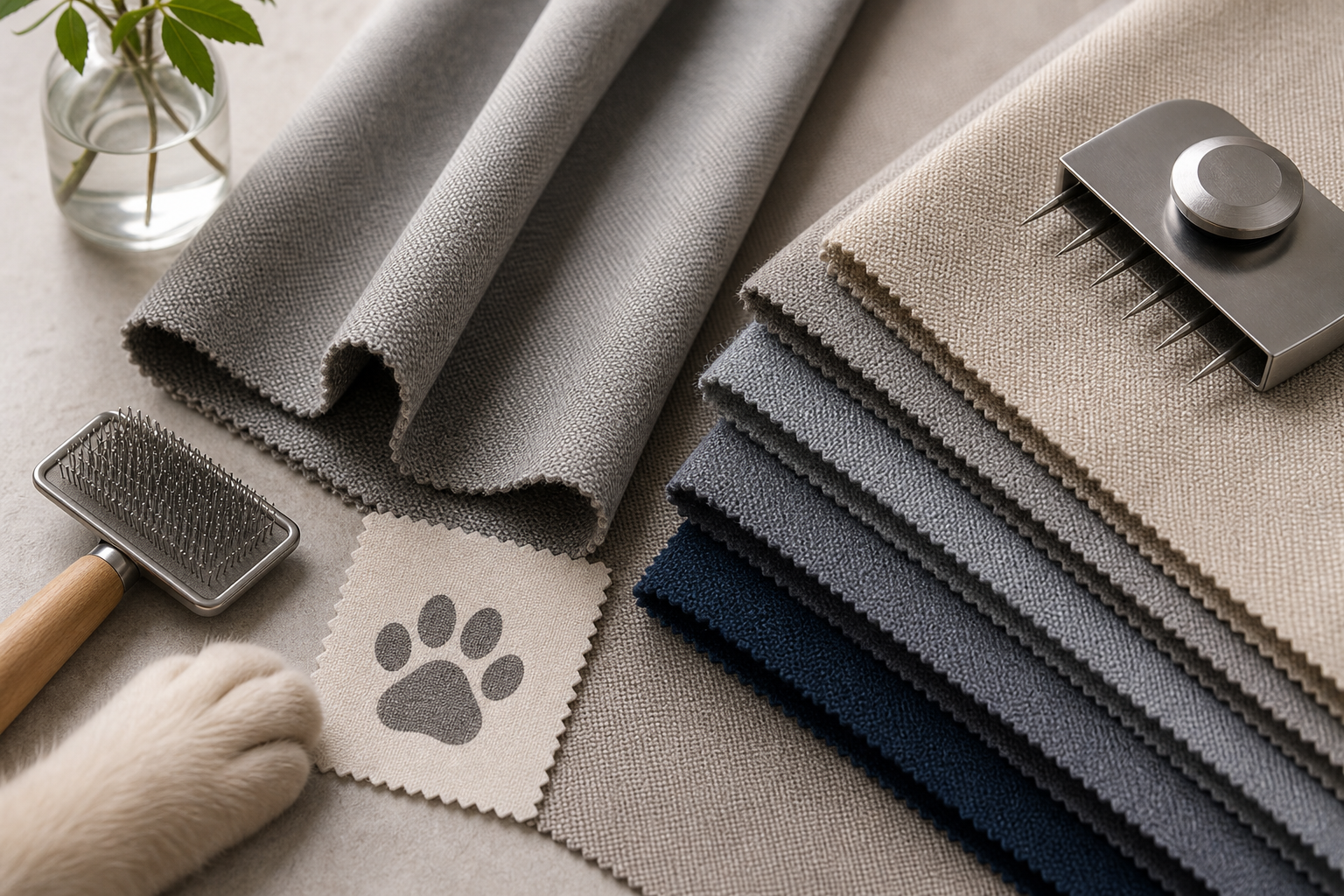 Pet-friendly curtain fabric samples with scratch-test tools and a small paw-print note on a neutral desk