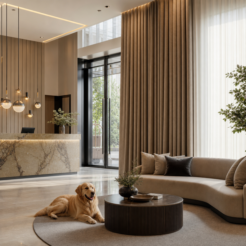 Stylish boutique hotel lobby with pet-friendly scratch-resistant curtains in warm taupe fabric