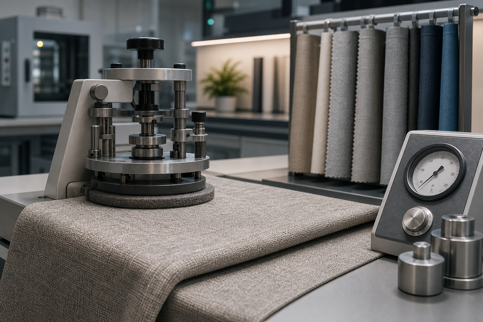 Durability testing scene with textured curtain fabric under controlled abrasion tools