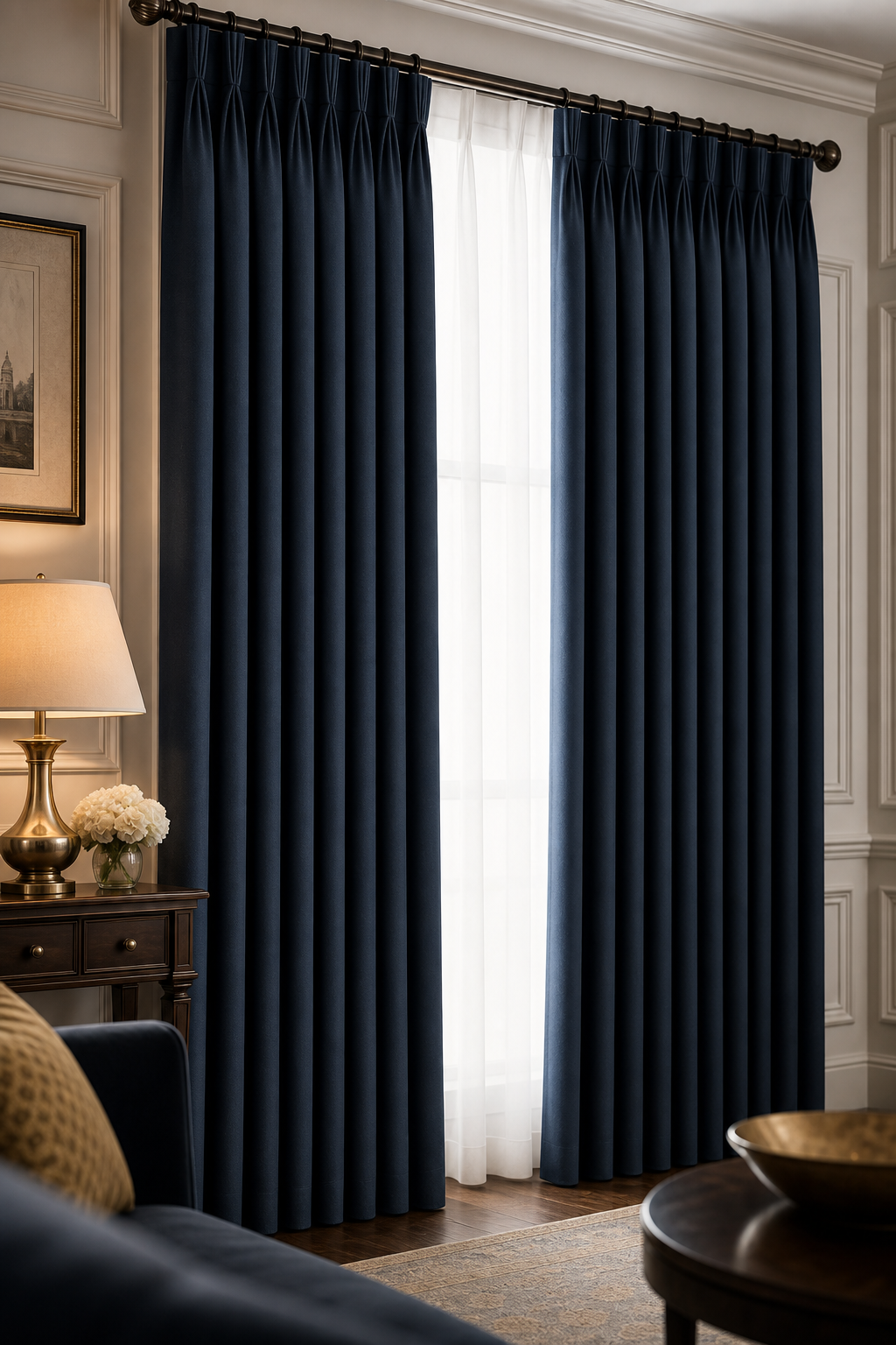 Pinch pleat curtains in deep navy with structured folds