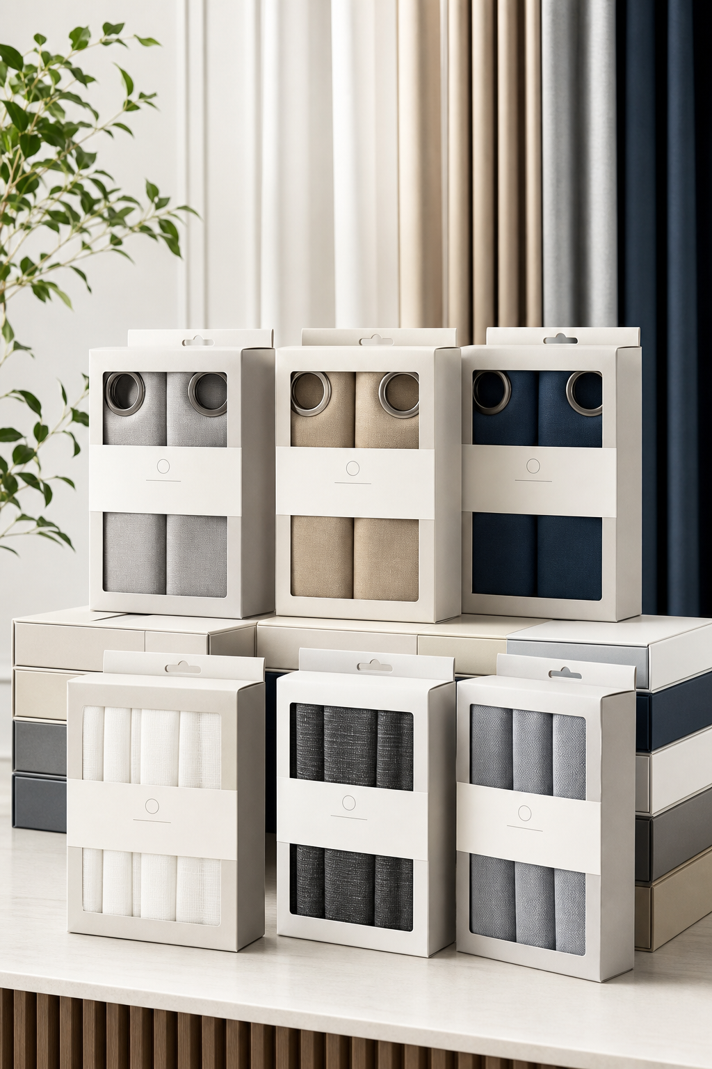 Private-label packaged curtain products with clean branding and retail-ready boxes