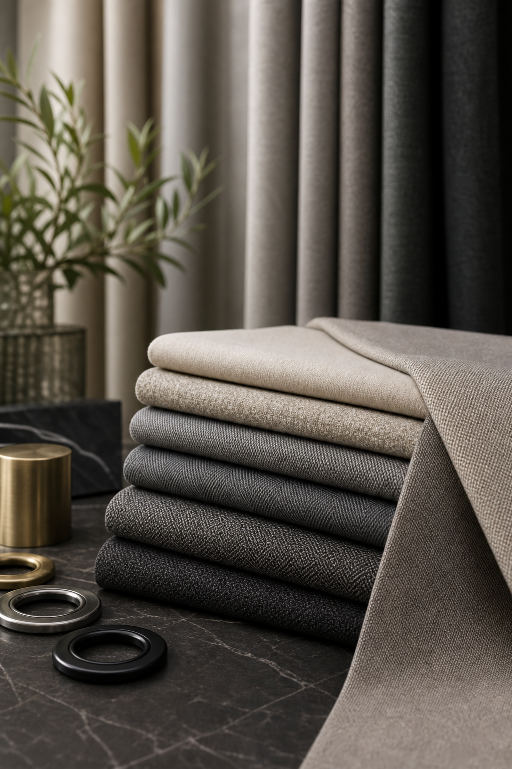 Portrait-oriented premium curtain fabric presentation with layered textile swatches and refined industrial lighting