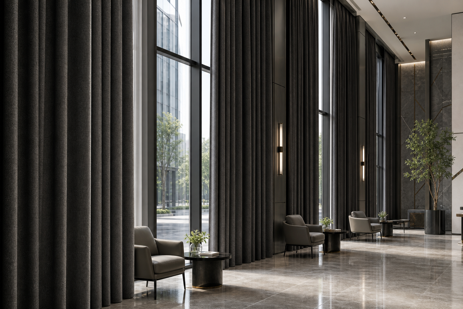 Modern commercial lobby with tall flame-retardant curtains in a charcoal weave