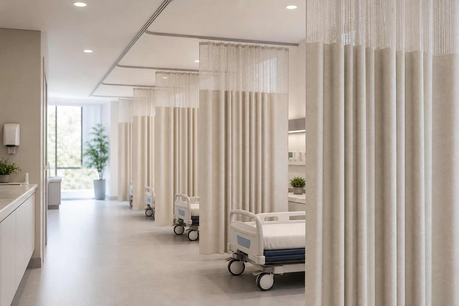 Healthcare corridor with antibacterial curtains in a light stone color and soft daylight