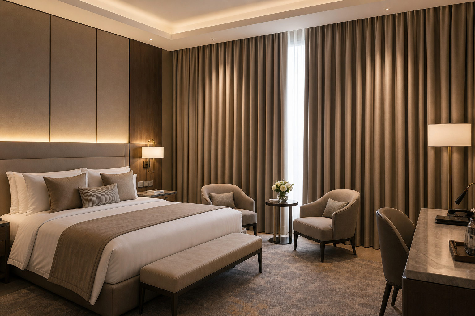 Luxury hotel suite with floor-to-ceiling blackout curtains in a warm neutral tone