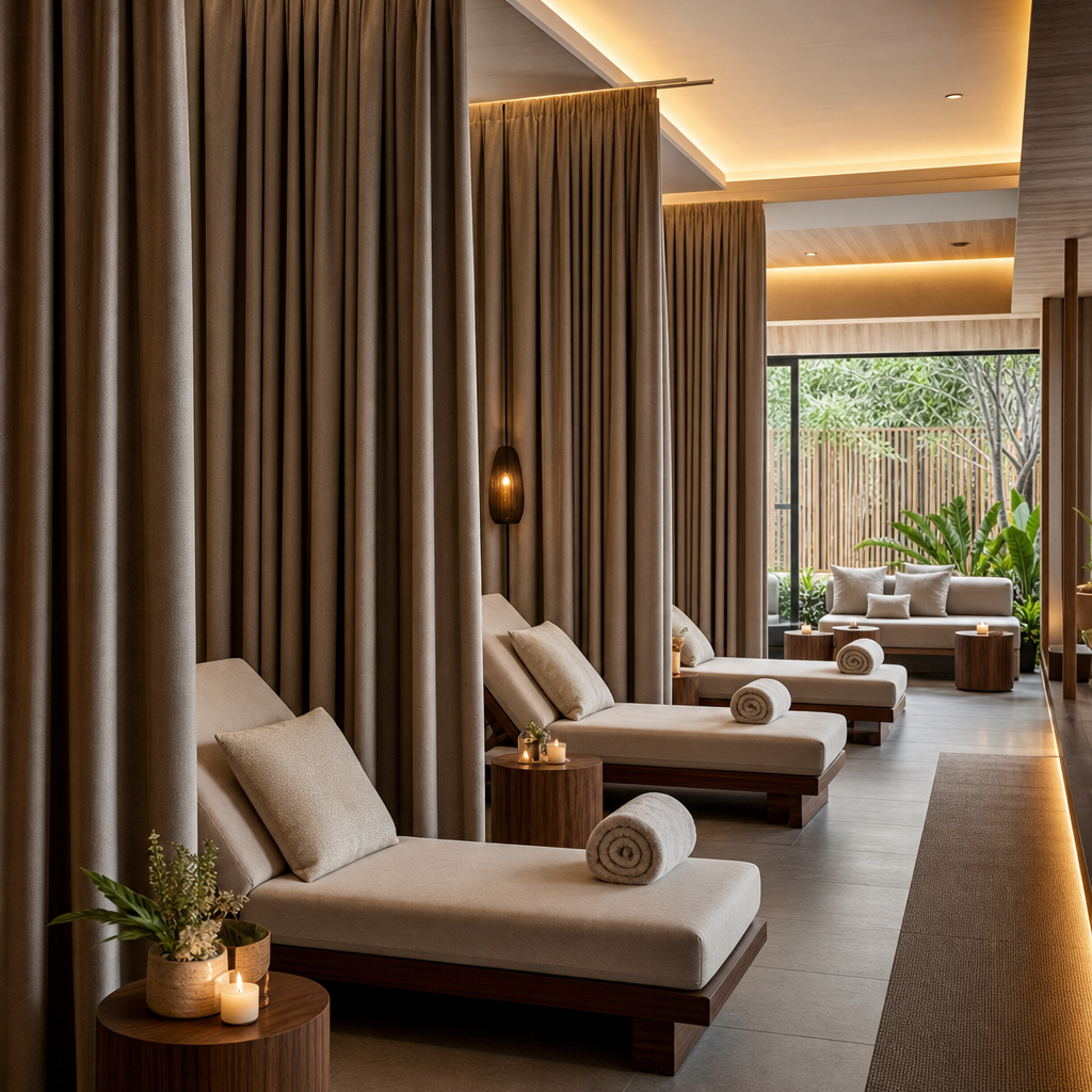 Resort spa lounge with layered acoustic curtains in soft taupe, diffused lighting, and relaxed seating
