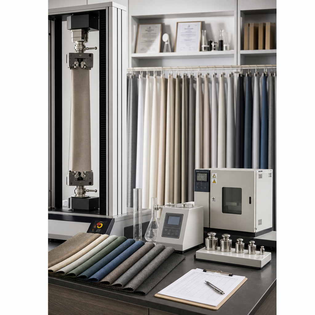 Textile quality inspection lab with fabric testing equipment and measured samples
