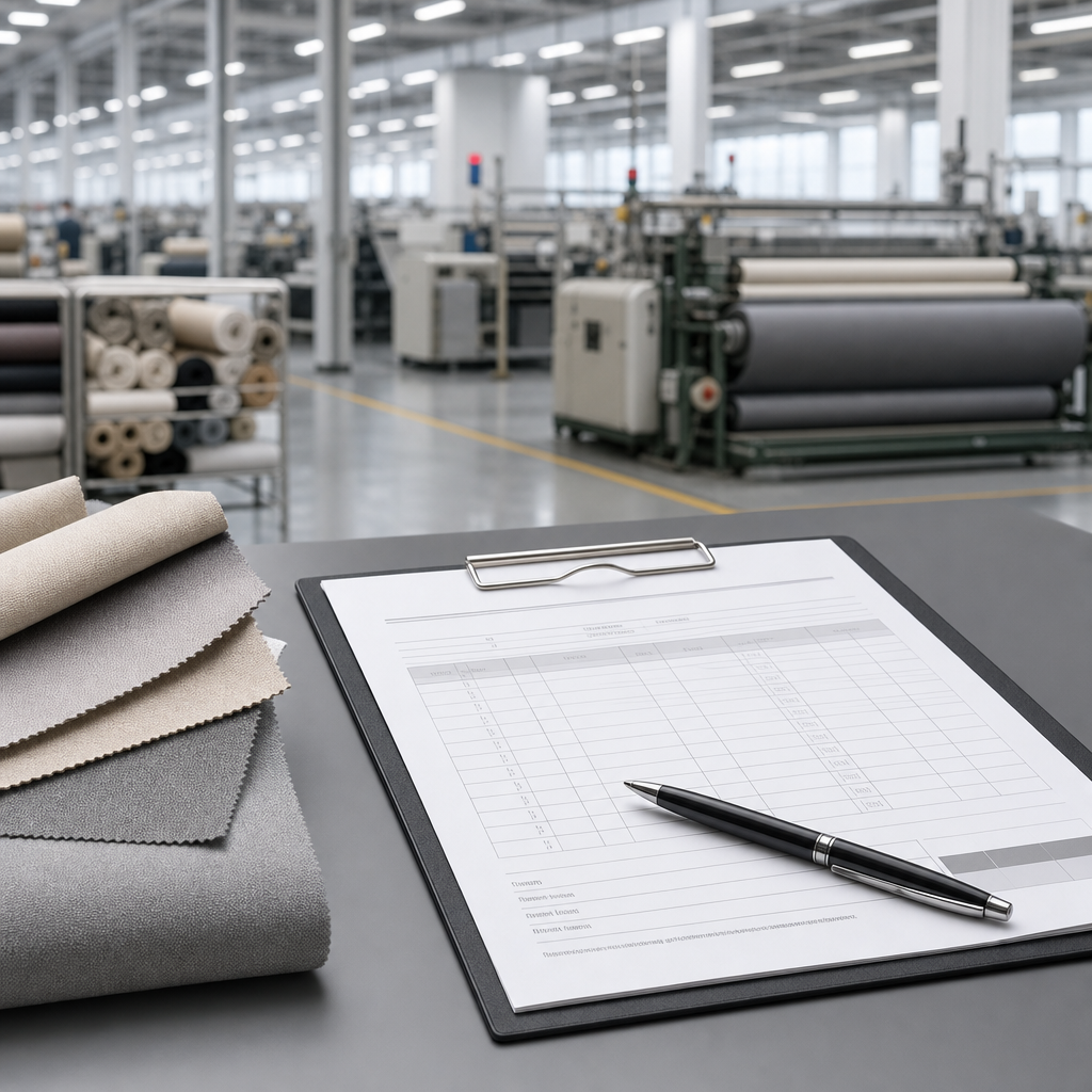 Quotation sheet with pen beside a textile factory backdrop
