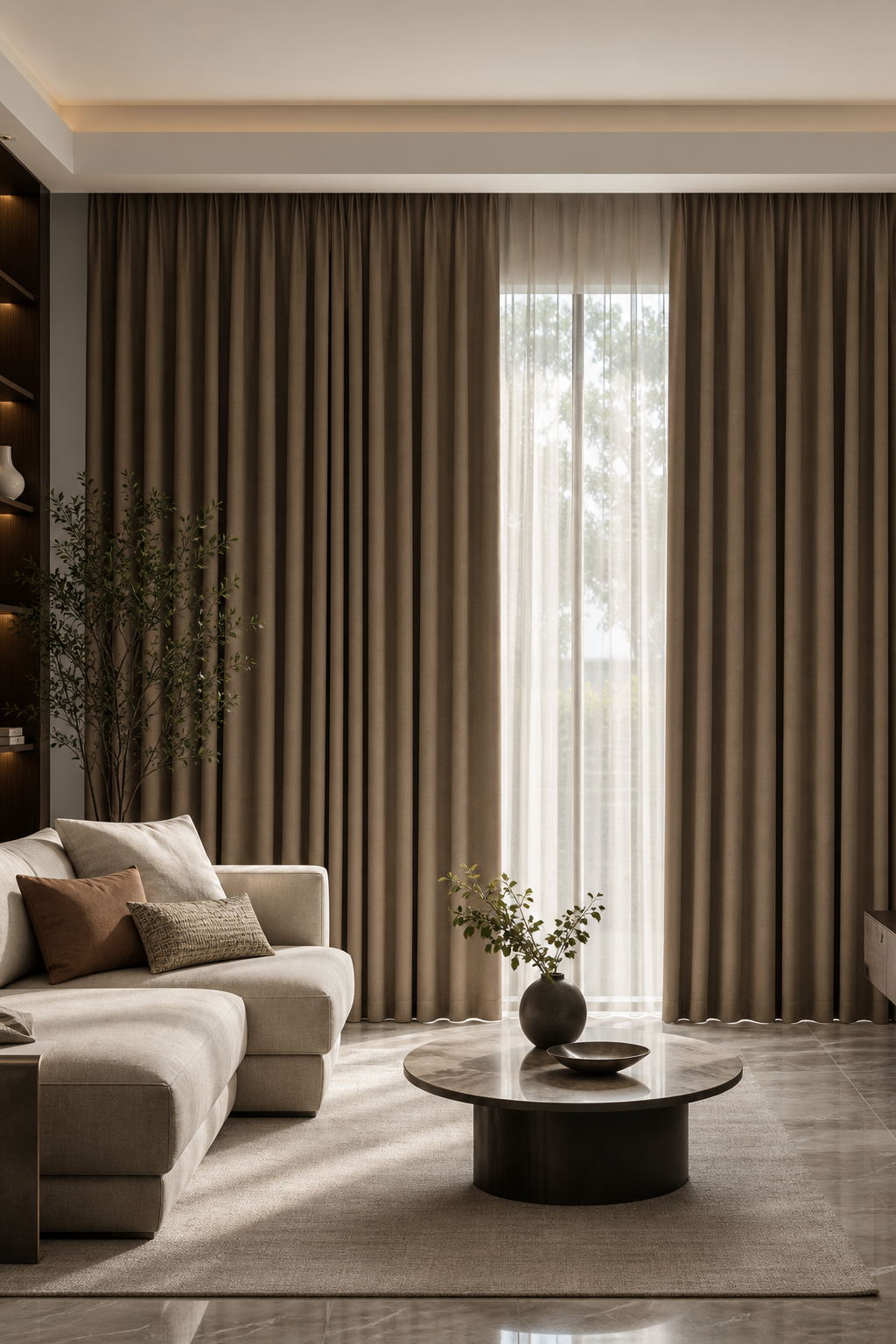 Modern residential living room with layered blackout drapery in warm taupe and soft daylight