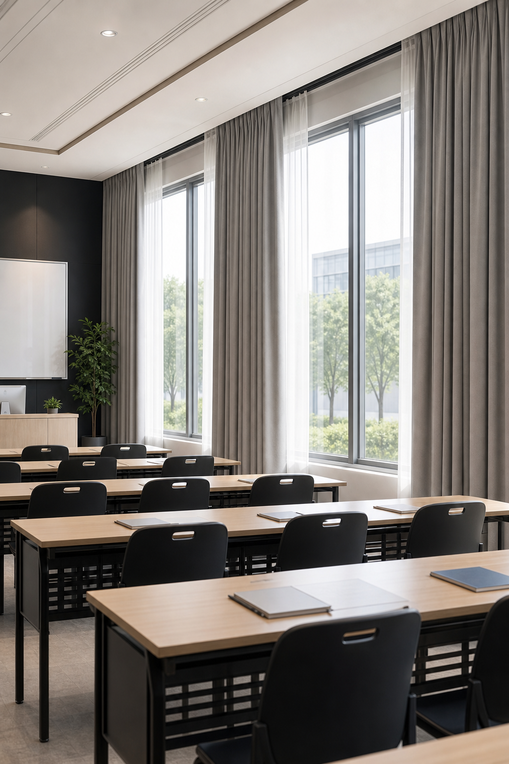 Bright academic classroom with large windows, light-filtering curtains, and study desks.