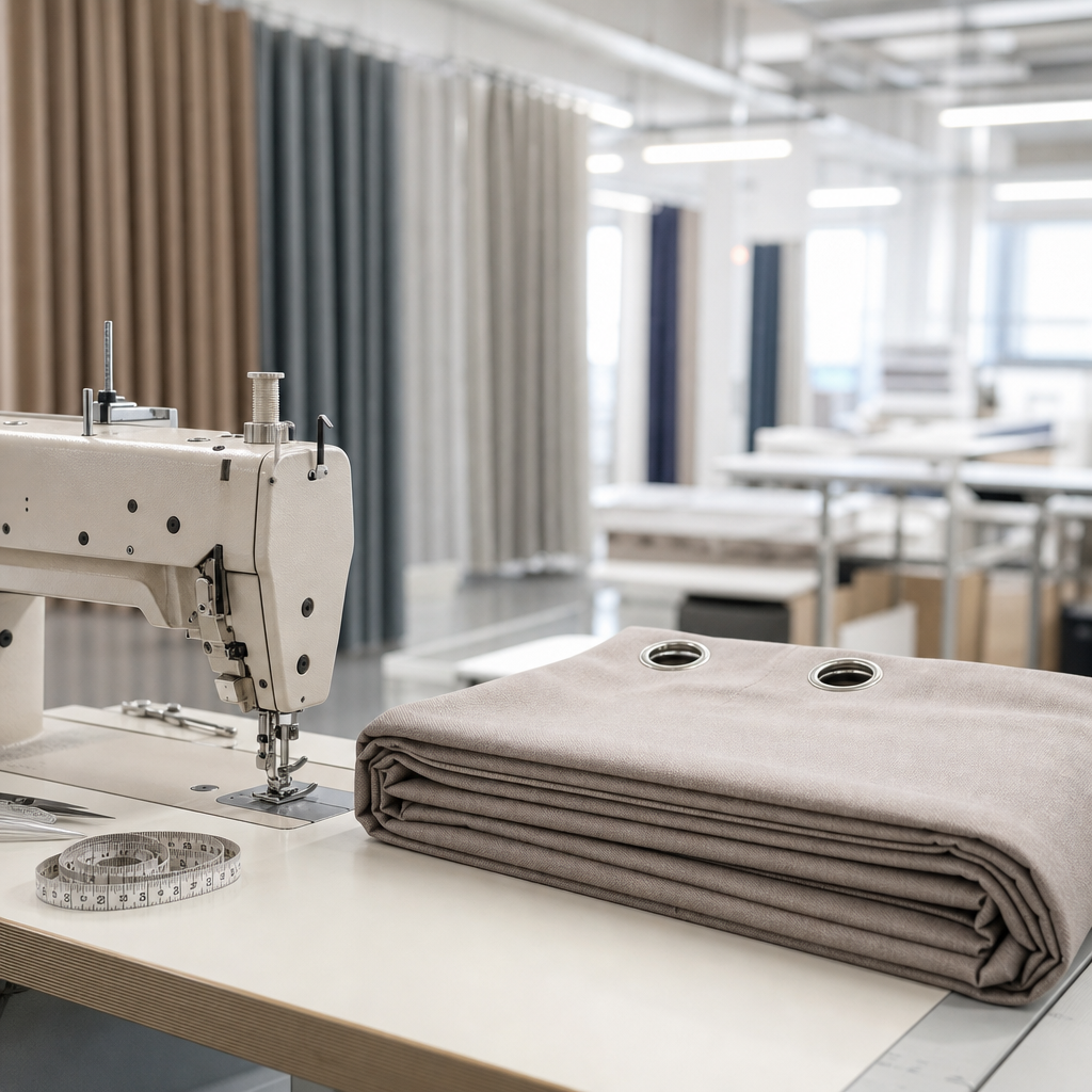 Sewing and quality control workstation inspecting curtain stitching